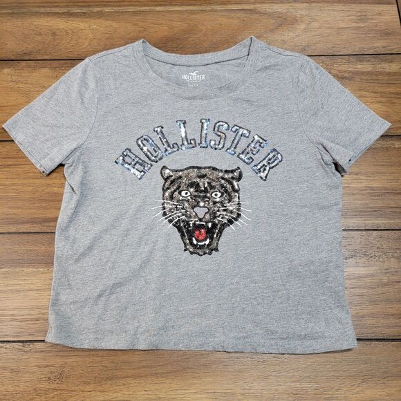 Hollister Crop SS Tee Sequin Logo & Tiger Grey - Size Small Slim - Picture 2 of 5